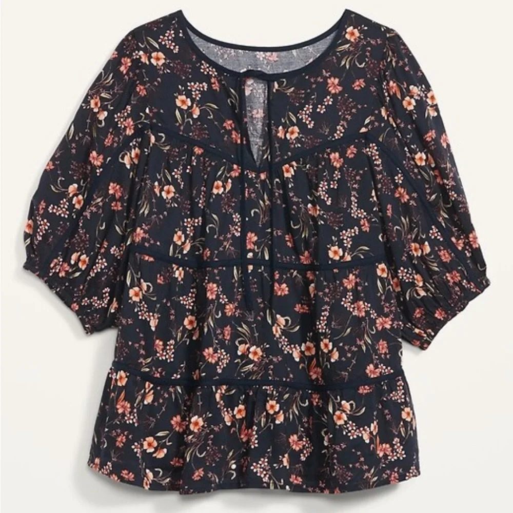 OLD NAVY Puff Sleeve Floral Tiered Swing Blouse Navy Blue Short Sleeve Peasant S